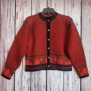 Dale of Norway Casual Vintage 80s Red Black Rose Sm Nordic Heavy Wool Sweater